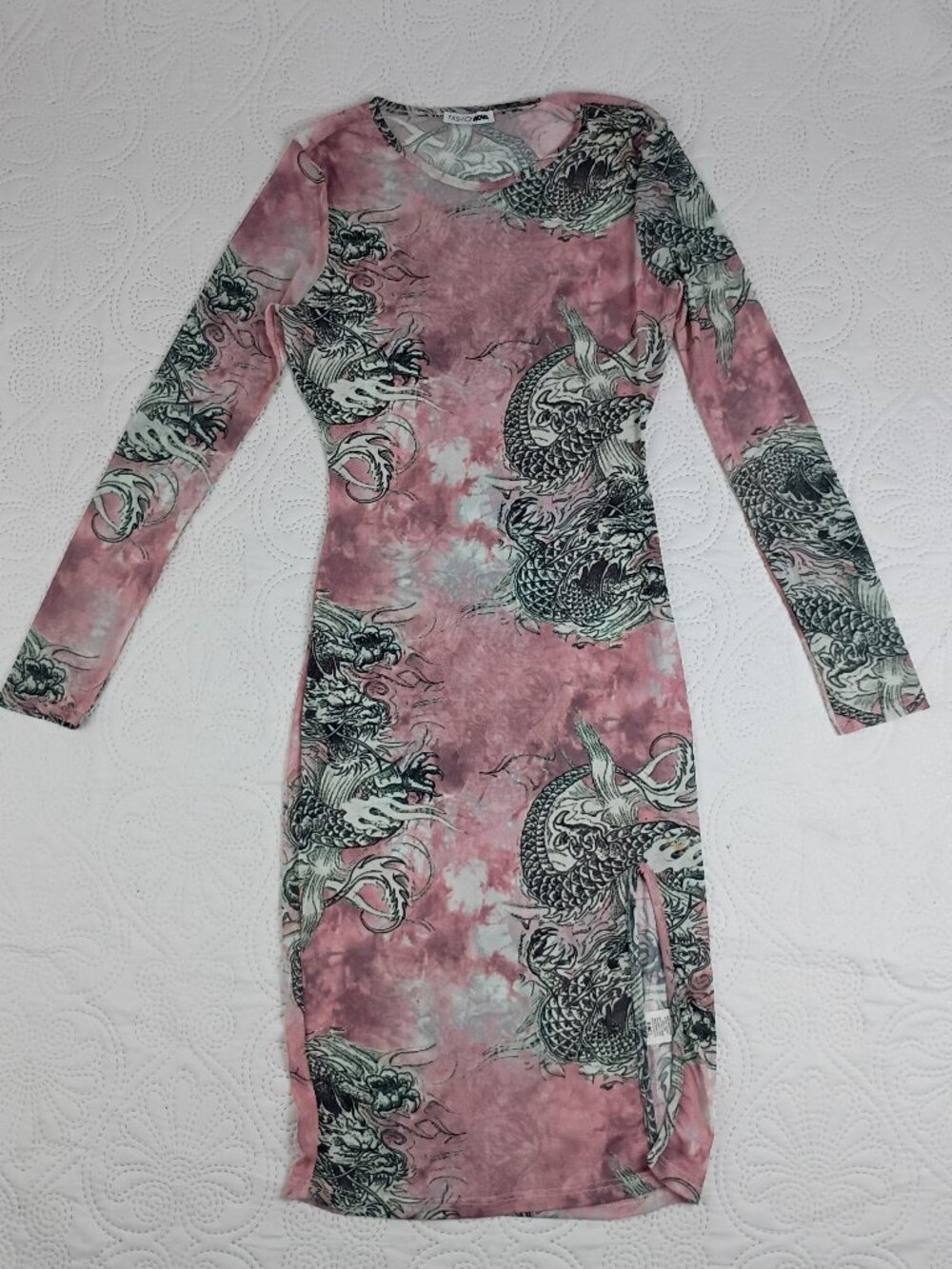 NWOT Fashion Nova Pink Dragon Print Bodycon Mini Dress Size S Y2K Ed Hardy Style